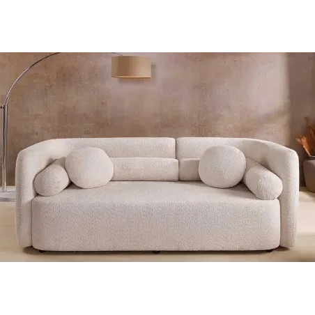 Canapé 3 places ART DÉCO 200 cm en tissu bouclé beige – canapé moderne avec coussins inclus et pieds noirs