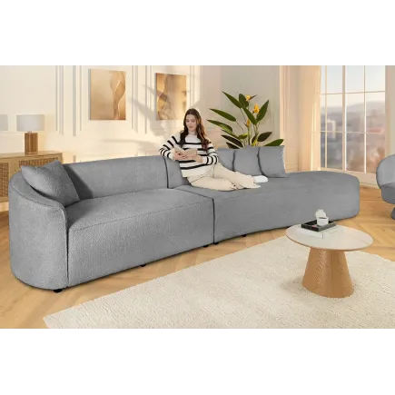 Canapé XXL ATELIER L 330 cm en tissu bouclé gris – Grand sofa moderne 4 places avec coussins inclus