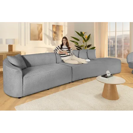 Canapé XXL ATELIER L 330 cm en tissu bouclé gris – Grand sofa moderne 4 places avec coussins inclus