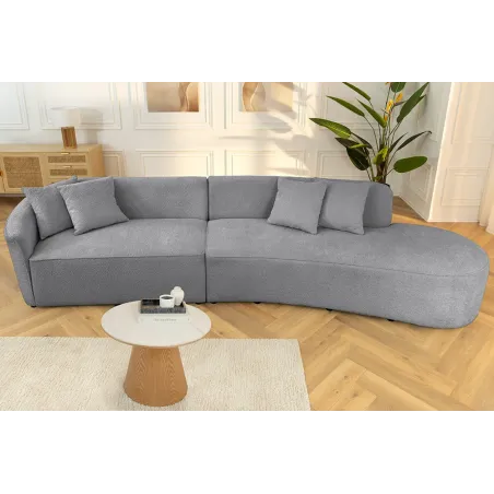 Canapé XXL ATELIER L 330 cm en tissu bouclé gris – Grand sofa moderne 4 places avec coussins inclus