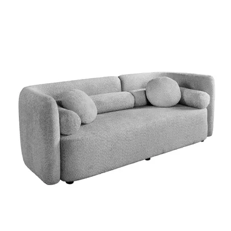 Canapé 3 places ART DÉCO 200 cm gris en tissu bouclé – Sofa moderne avec coussins et pieds noirs