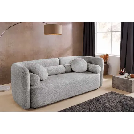 Canapé 3 places ART DÉCO 200 cm gris en tissu bouclé – Sofa moderne avec coussins et pieds noirs
