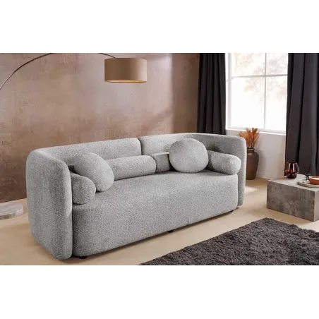 Canapé 3 places ART DÉCO 200 cm gris en tissu bouclé – Sofa moderne avec coussins et pieds noirs