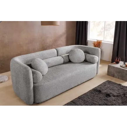 Canapé 3 places ART DÉCO 200 cm gris en tissu bouclé – Sofa moderne avec coussins et pieds noirs 2