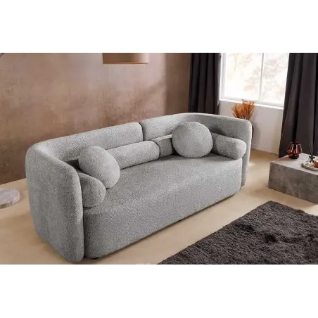 Canapé 3 places ART DÉCO 200 cm gris en tissu bouclé – Sofa moderne avec coussins et pieds noirs