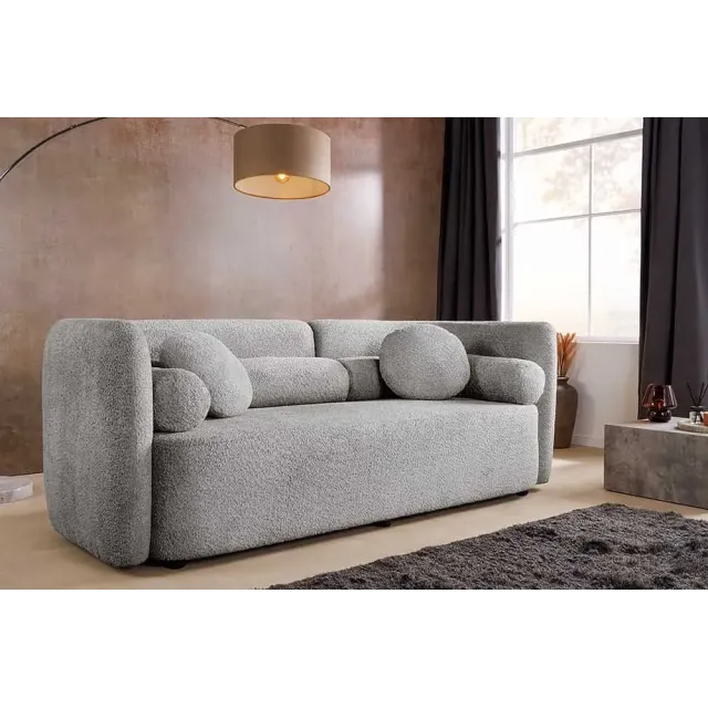 Canapé 3 places ART DÉCO 200 cm gris en tissu bouclé – Sofa moderne avec coussins et pieds noirs Canapé 3 places ART DÉCO 200 cm gris en tissu bouclé – Sofa moderne avec coussins et pieds noirs