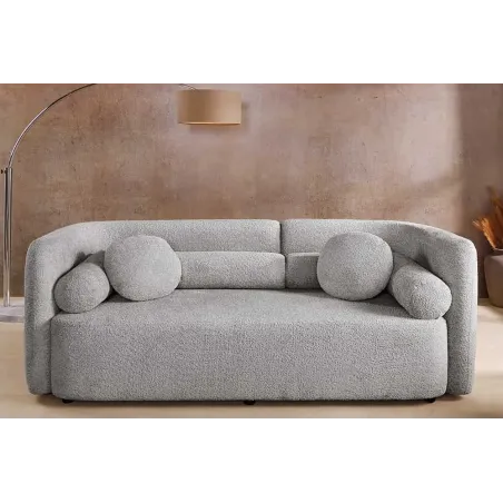 Canapé 3 places ART DÉCO 200 cm gris en tissu bouclé – Sofa moderne avec coussins et pieds noirs