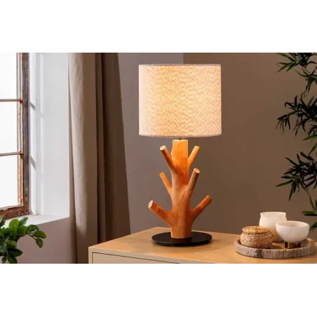 Lampe de table JEWELRY 60 cm en bois massif naturel – Abat-jour blanc & pied en métal noir