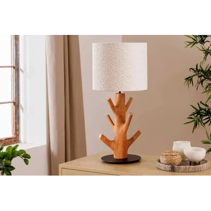 Lampe de table JEWELRY 60 cm en bois massif naturel – Abat-jour blanc & pied en métal noir 2