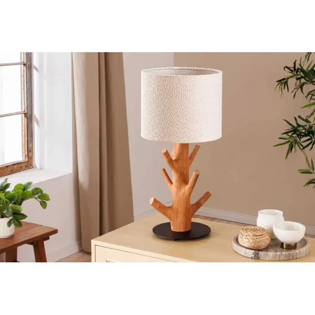 Lampe de table JEWELRY 60 cm en bois massif naturel – Abat-jour blanc & pied en métal noir