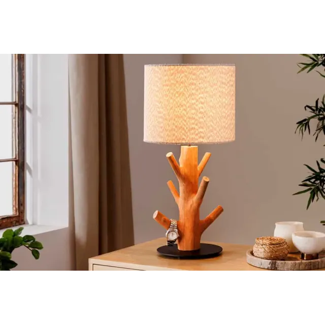 Lampe de table JEWELRY 60 cm en bois massif naturel – Abat-jour blanc & pied en métal noir