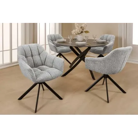 Fauteuil pivotant PAPILLON en bouclé gris – Chaise design avec accoudoirs et base en métal noir