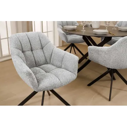 Fauteuil pivotant PAPILLON en bouclé gris – Chaise design avec accoudoirs et base en métal noir 2