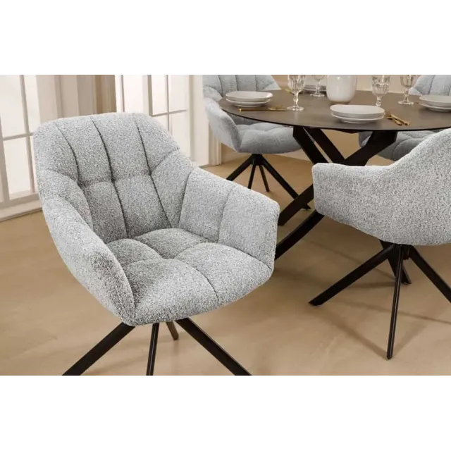 Fauteuil pivotant PAPILLON en bouclé gris – Chaise design avec accoudoirs et base en métal noir