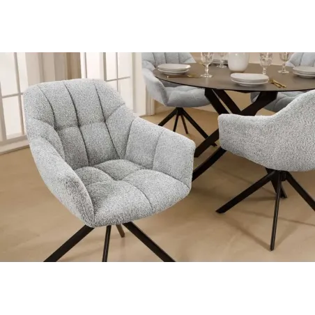 Fauteuil pivotant PAPILLON en bouclé gris – Chaise design avec accoudoirs et base en métal noir