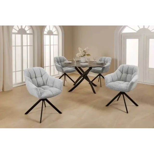Fauteuil pivotant PAPILLON en bouclé gris – Chaise design avec accoudoirs et base en métal noir