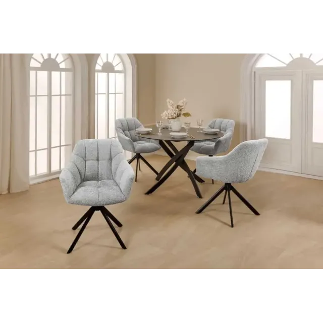 Fauteuil pivotant PAPILLON en bouclé gris – Chaise design avec accoudoirs et base en métal noir