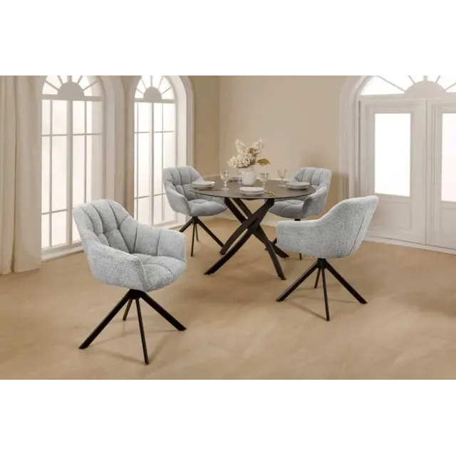 Fauteuil pivotant PAPILLON en bouclé gris – Chaise design avec accoudoirs et base en métal noir