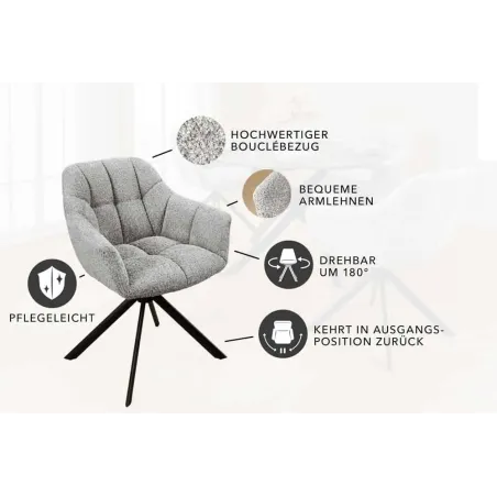 Fauteuil pivotant PAPILLON en bouclé gris – Chaise design avec accoudoirs et base en métal noir