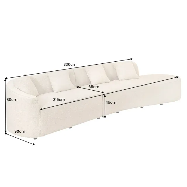 Canapé XXL ATELIER L 330 cm en tissu bouclé beige – Grand sofa moderne 4 places avec coussins inclus Canapé XXL ATELIER L 330 cm en tissu bouclé beige – Grand sofa moderne 4 places avec coussins inclus