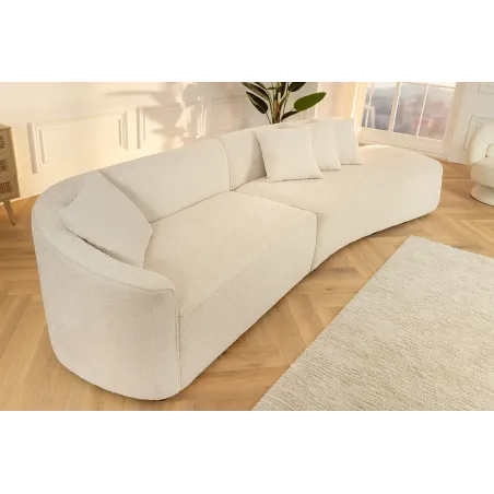 Canapé XXL ATELIER L 330 cm en tissu bouclé beige – Grand sofa moderne 4 places avec coussins inclus