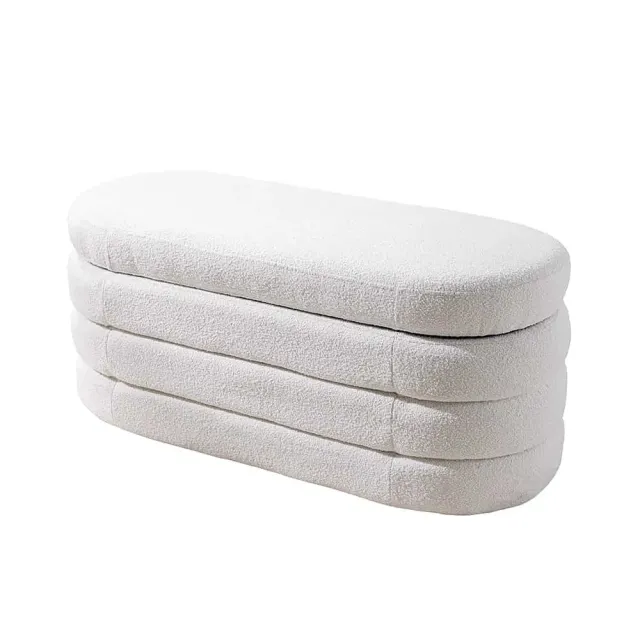 Banc de rangement VOGUE 115 cm en tissu bouclé blanc crème – Assise confortable et design avec coffre intégré Banc de rangement VOGUE 115 cm en tissu bouclé blanc crème – Assise confortable et design avec coffre intégré