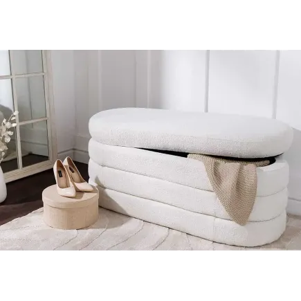 Banc de rangement VOGUE 115 cm en tissu bouclé blanc crème – Assise confortable et design avec coffre intégré