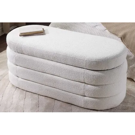Banc de rangement VOGUE 115 cm en tissu bouclé blanc crème – Assise confortable et design avec coffre intégré