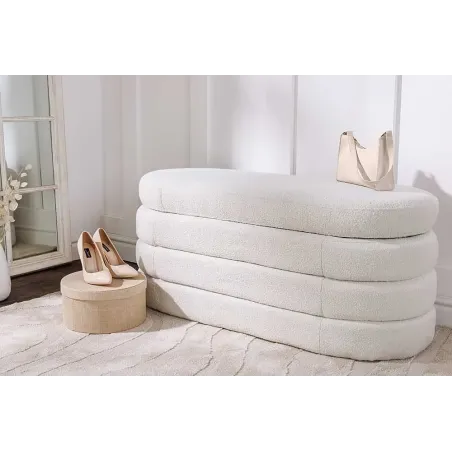 Banc de rangement VOGUE 115 cm en tissu bouclé blanc crème – Assise confortable et design avec coffre intégré