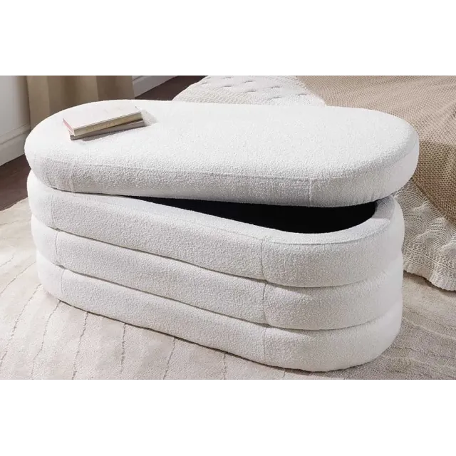 Banc de rangement VOGUE 115 cm en tissu bouclé blanc crème – Assise confortable et design avec coffre intégré Banc de rangement VOGUE 115 cm en tissu bouclé blanc crème – Assise confortable et design avec coffre intégré