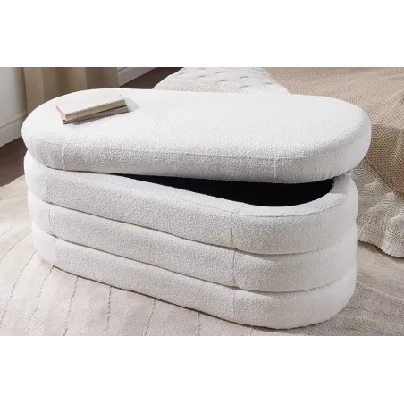 Banc de rangement VOGUE 115 cm en tissu bouclé blanc crème – Assise confortable et design avec coffre intégré