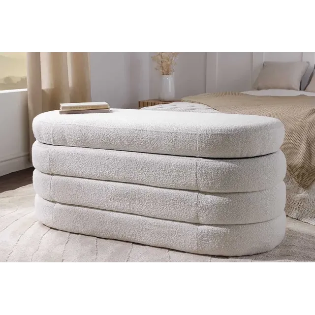 Banc de rangement VOGUE 115 cm en tissu bouclé blanc crème – Assise confortable et design avec coffre intégré Banc de rangement VOGUE 115 cm en tissu bouclé blanc crème – Assise confortable et design avec coffre intégré