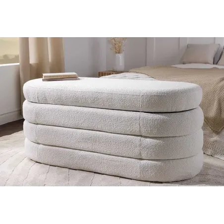Banc de rangement VOGUE 115 cm en tissu bouclé blanc crème – Assise confortable et design avec coffre intégré
