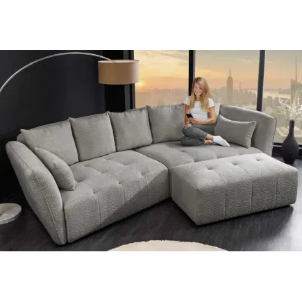 Canapé XXL ROYAL 295 cm gris en tissu bouclé – Grand canapé moderne avec assise à ressorts & 7 coussins inclus