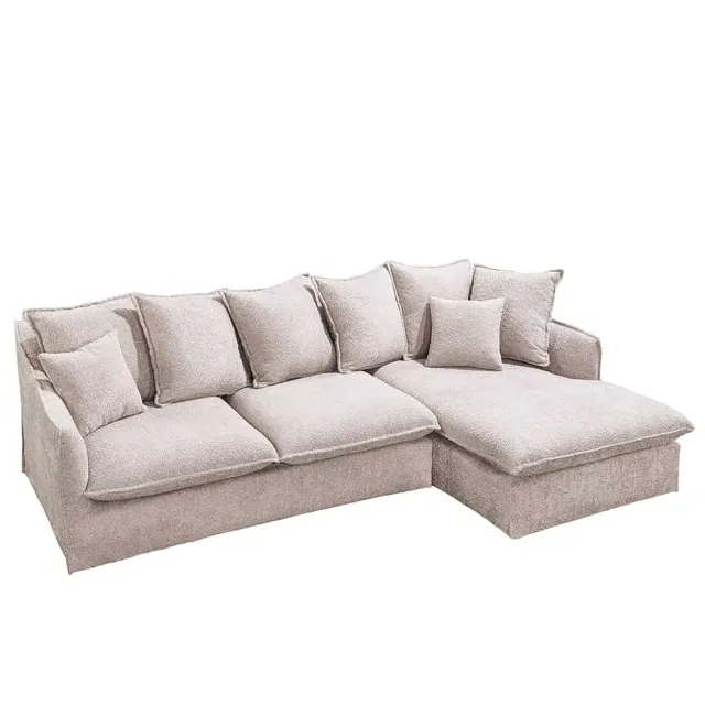 Canapé d’angle HEAVEN 255 cm en bouclé champagne beige – Grand canapé avec ottomane et coussins inclus
