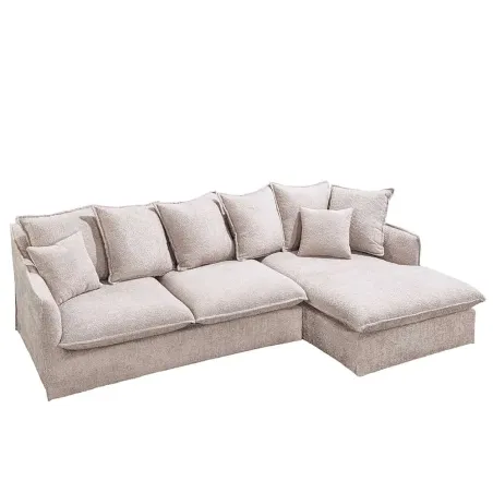 Canapé d’angle HEAVEN 255 cm en bouclé champagne beige – Grand canapé avec ottomane et coussins inclus