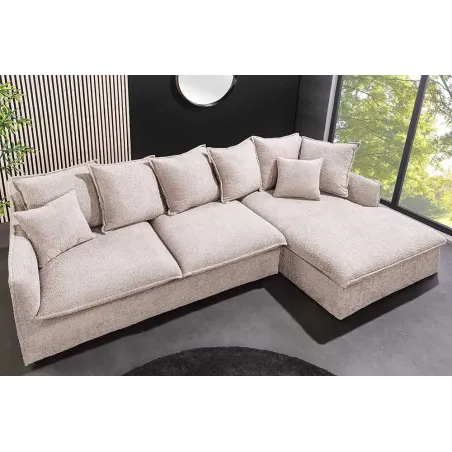 Canapé d’angle HEAVEN 255 cm en bouclé champagne beige – Grand canapé avec ottomane et coussins inclus