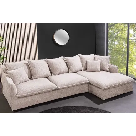 Canapé d’angle HEAVEN 255 cm en bouclé champagne beige – Grand canapé avec ottomane et coussins inclus 2