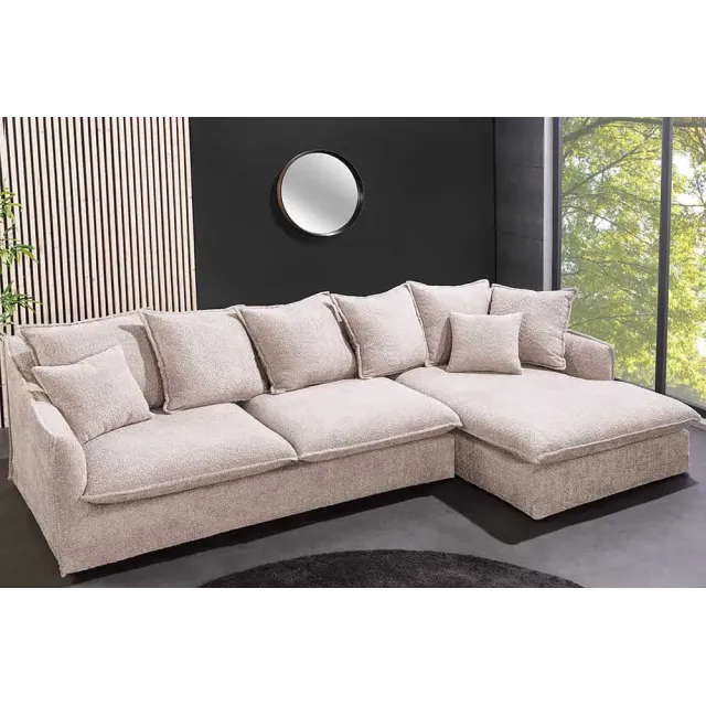 Canapé d’angle HEAVEN 255 cm en bouclé champagne beige – Grand canapé avec ottomane et coussins inclus