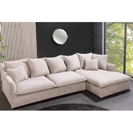 Canapé d’angle HEAVEN 255 cm en bouclé champagne beige – Grand canapé avec ottomane et coussins inclus