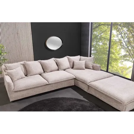 Canapé d’angle HEAVEN 255 cm en bouclé champagne beige – Grand canapé avec ottomane et coussins inclus