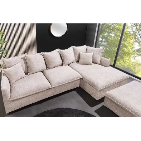 Canapé d’angle HEAVEN 255 cm en bouclé champagne beige – Grand canapé avec ottomane et coussins inclus