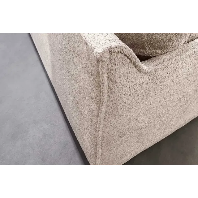 Canapé d’angle HEAVEN 255 cm en bouclé champagne beige – Grand canapé avec ottomane et coussins inclus
