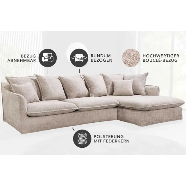 Canapé d’angle HEAVEN 255 cm en bouclé champagne beige – Grand canapé avec ottomane et coussins inclus