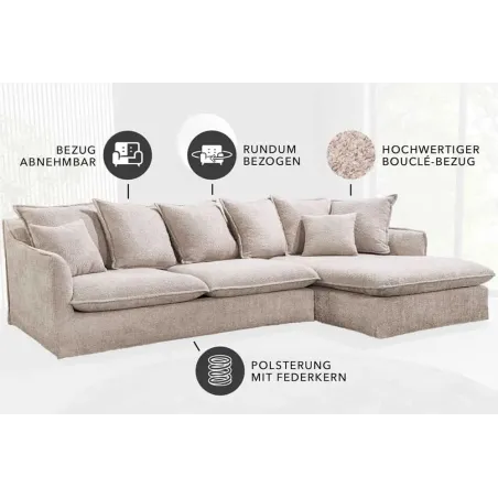 Canapé d’angle HEAVEN 255 cm en bouclé champagne beige – Grand canapé avec ottomane et coussins inclus