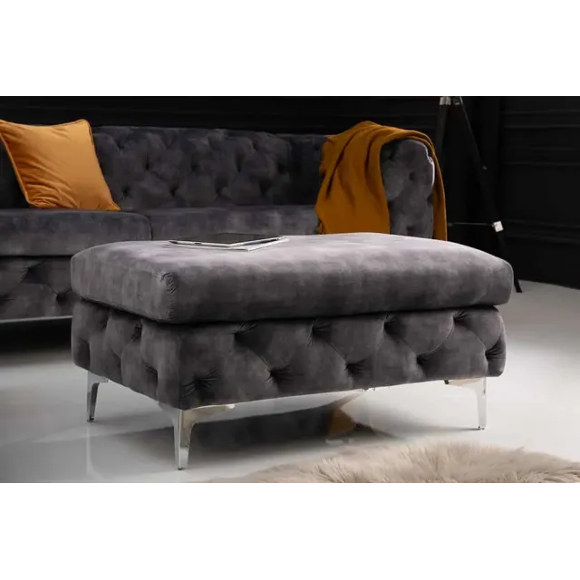 Pouf moderne baroque 92 cm – Velours gris foncé & pieds métal argenté