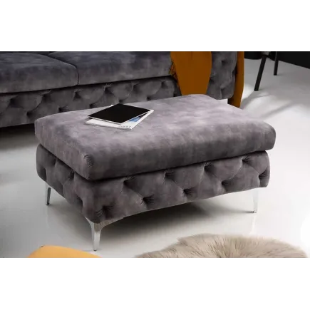 Pouf moderne baroque 92 cm – Velours gris foncé & pieds métal argenté