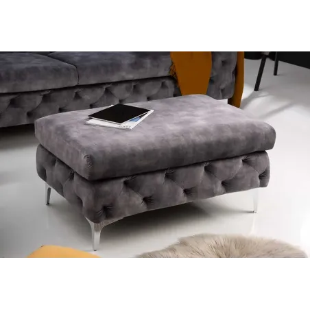 Pouf moderne baroque 92 cm – Velours gris foncé & pieds métal argenté