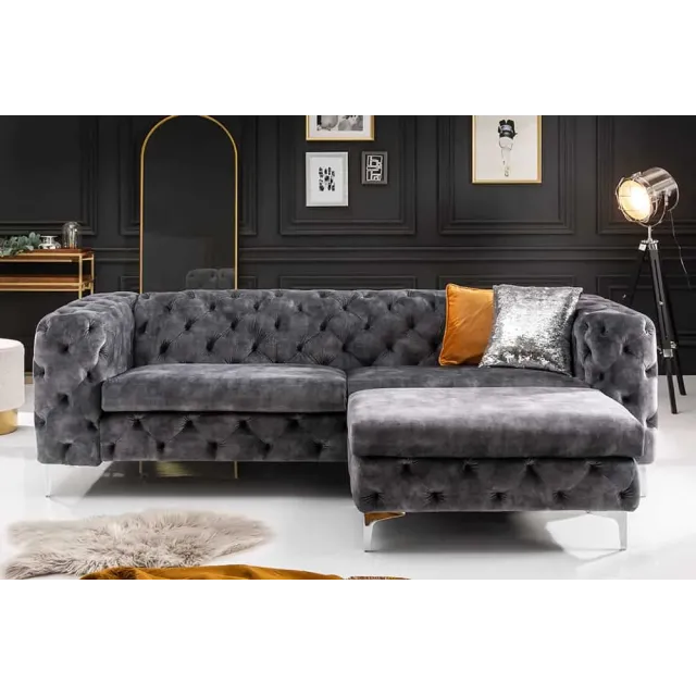 Pouf moderne baroque 92 cm – Velours gris foncé & pieds métal argenté