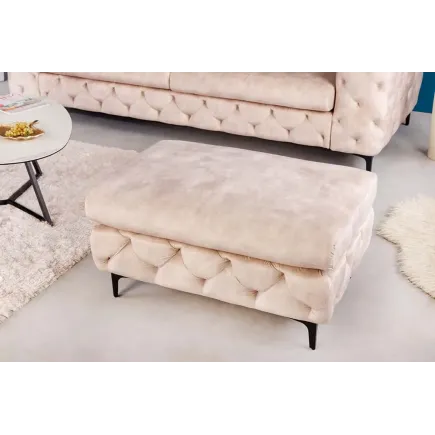Pouf moderne baroque 90 cm – Velours champagne & pieds noirs